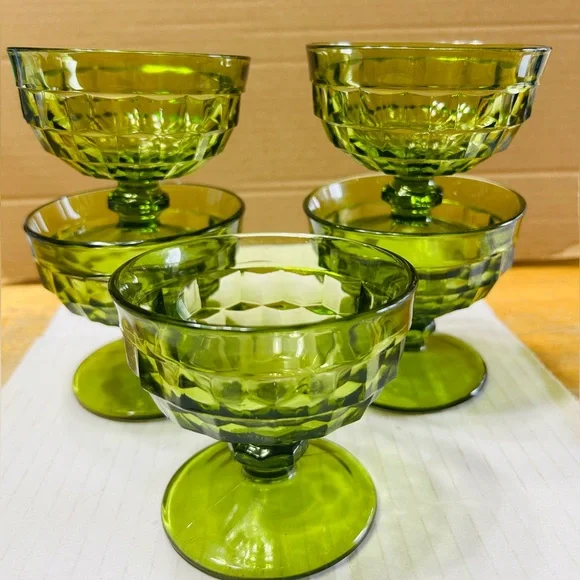 Indiana glass sherbet dishes, avocado green, Whitehall cubist. Set of 5. MINT - Picture 3 of 4